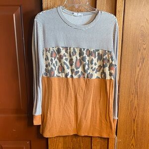 Striped Leopard Colorblock Long-Sleeve Top - Rust